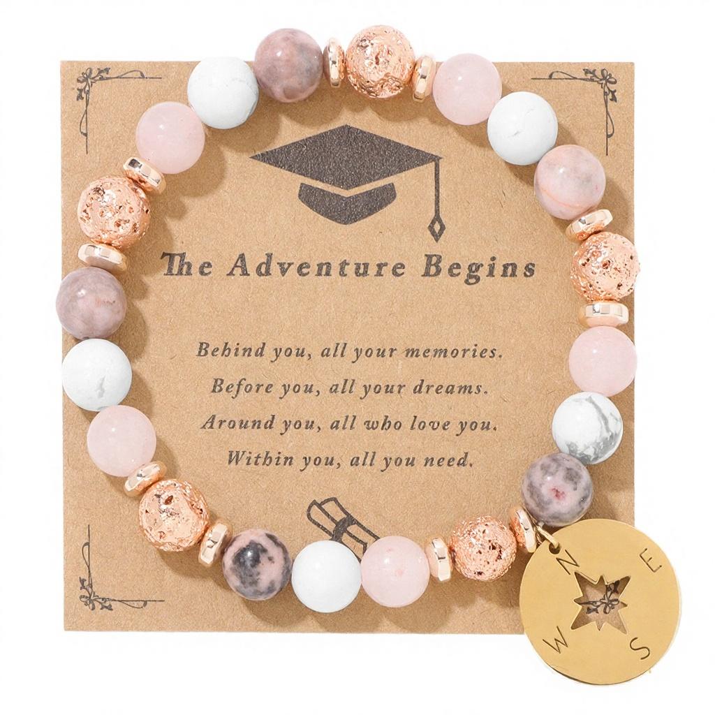 Nuorui New Graduation Anniversary Research Compass Unisex Beaded Natural Stone Bracelet with Cards