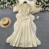 Summer New Brand Fashion Vintage Knitted Dress Women Elegant Hollow Out O-Neck Single Breasted A-Line Long Robes Ladies Dress