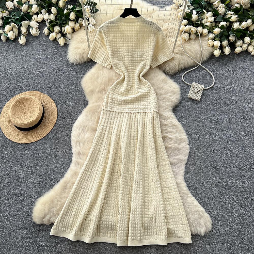 Summer New Brand Fashion Vintage Knitted Dress Women Elegant Hollow Out O-Neck Single Breasted A-Line Long Robes Ladies Dress