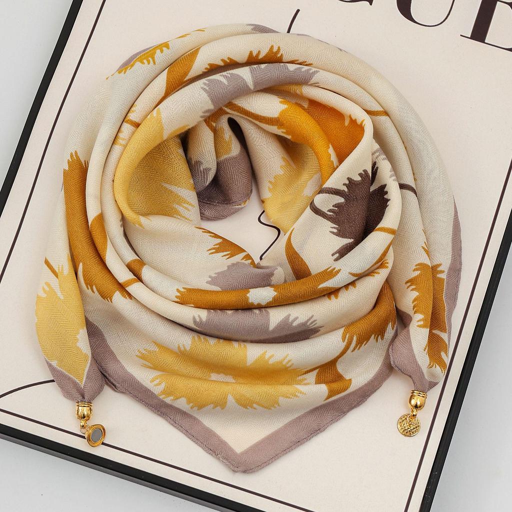 Women's 65" Silk Square Scarf with Magnetic Buckle – Autumn/Winter Print, Fashionable & Versatile Triangle Snood