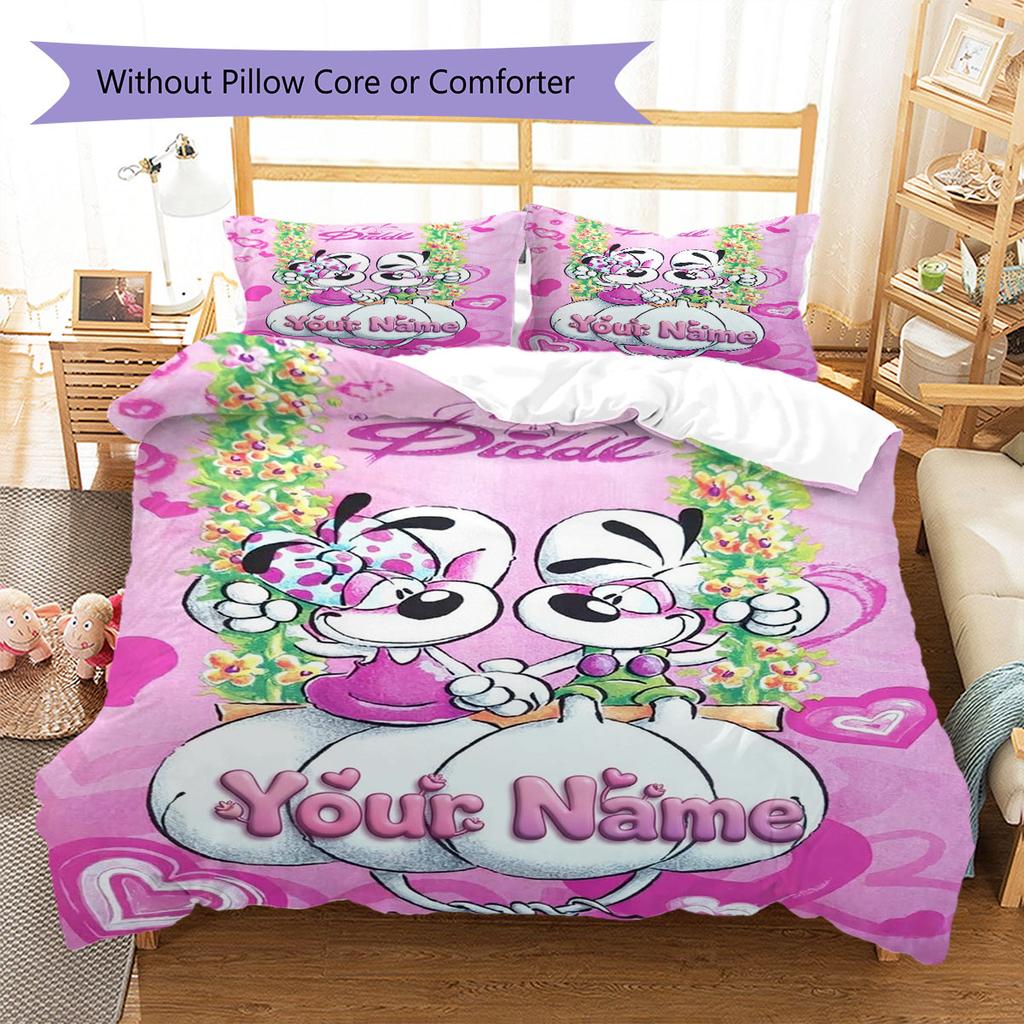 Diddl Custom Name Pattern Bedding,Quilt Set Quilt Cover Pillowcase Home Birthday Gift(1 * Duvet Cover + 2 * Pillowcase, Without Core)
