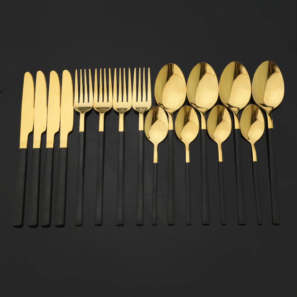 16Pcs Black Gold Cutlery Set Stainless Steel Tableware Mirror Knife Fork Spoon Dinnerware Set Kitchen Flatware Silverware