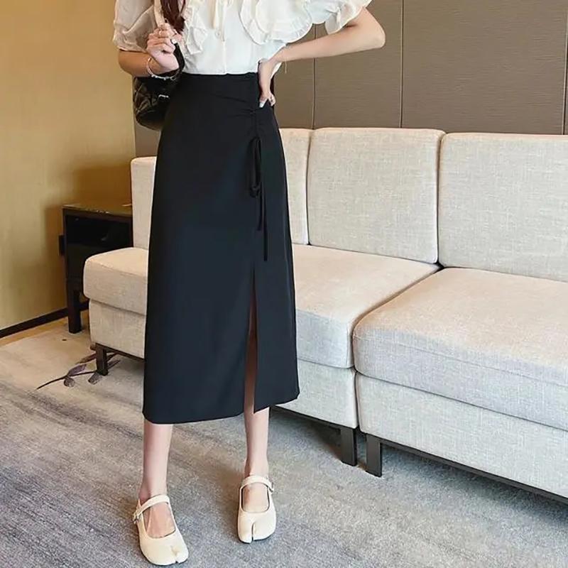 

Юбки с высокой талией для женщин, плиссированный дизайн с боковым разрезом, весна-осень, однотонный, облегающий, облегающий, с запахом бедра, юбка средней длины, женская S чёрный