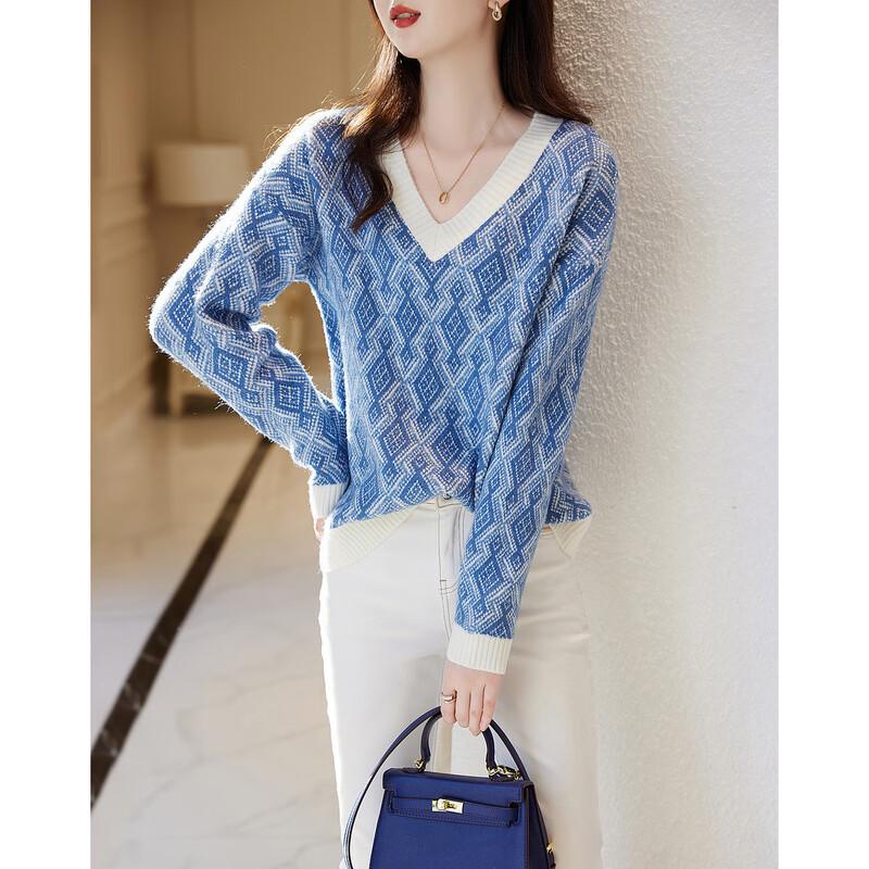 Demana Women's V-Neck Retro Plaid Knit Sweater