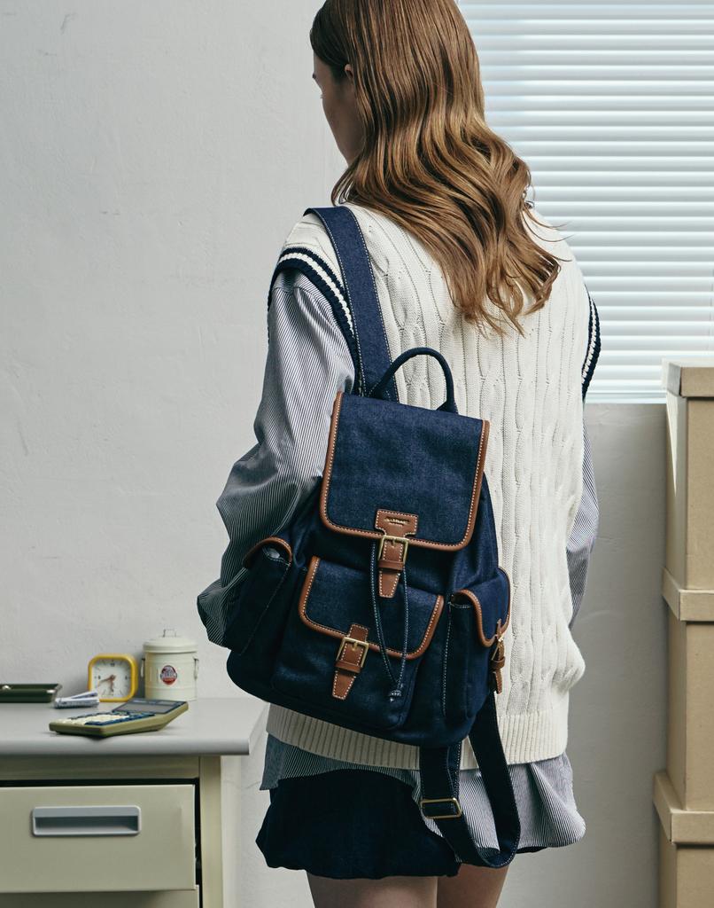 Jillstuart Acc [Gelato] Buckle-Point Leather Color Block Cotton Denim Backpack 2 Colors