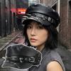 Nieten Baskenmütze Schwarzes Leder Newsboy Cap Kunstleder Schnalle Malerhut Flache Kappe Militärkappe Klassisch Lässig Cool Achteckige Mütze