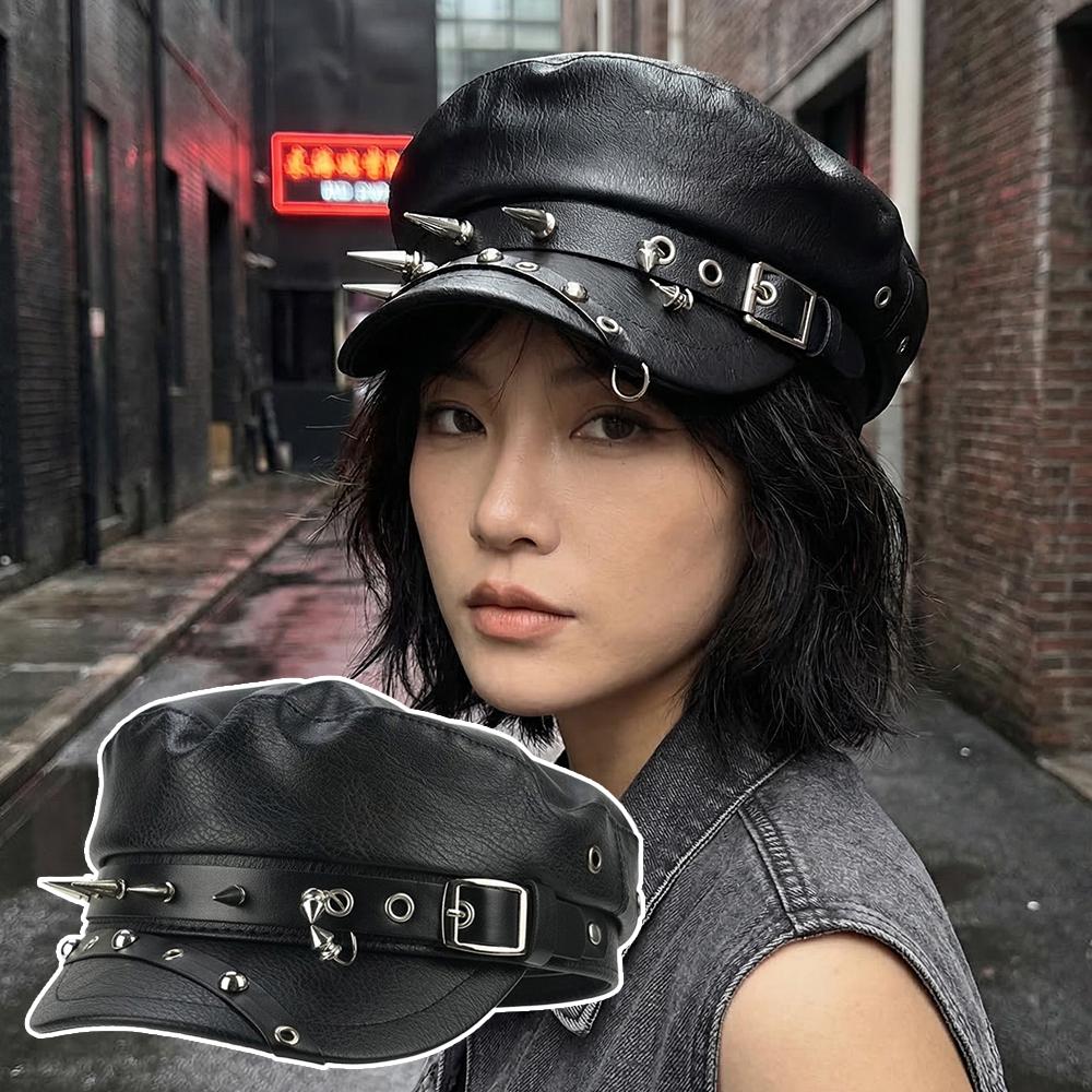 Zealous Sole Women's Black Rivet Beret Leather Newsboy Cap Faux Leather Buckle Painter Hat Flat Top Military Cap Classic Casual Cool Octagonal Hat Cm