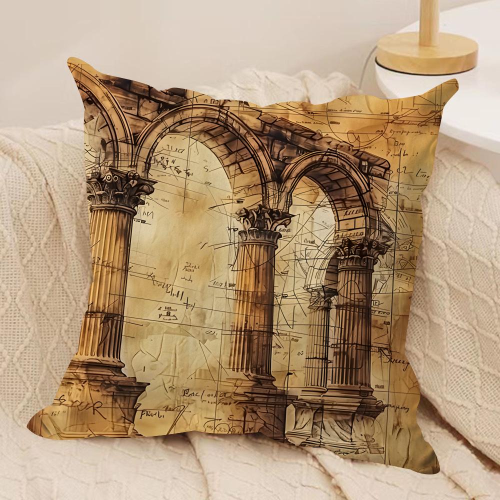 Retro Roman Architectural Cushion Cover Silky Short Plush Invisible Zipper Dustproof Sofa Pillow Case For Home Decor