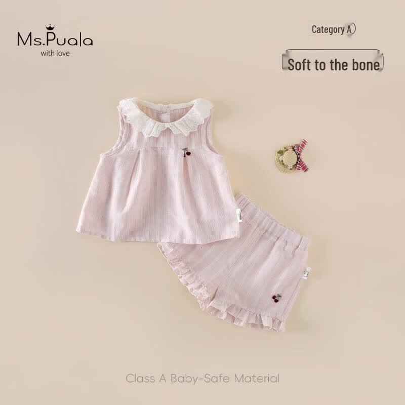 MS. PUALA Baby Girl Vertical Stripe Sleeveless Vest & Shorts Set 100 cm