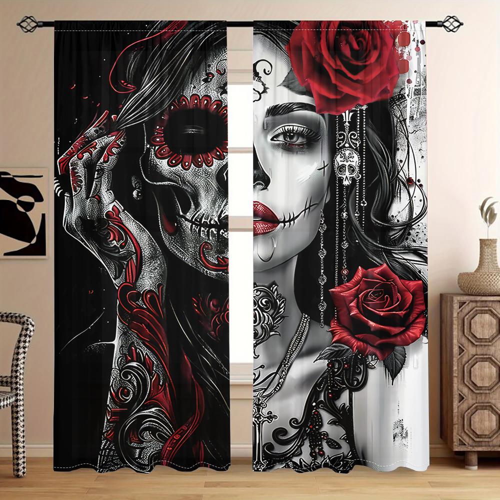 2pcs Halloween Red Rose Gothic Skeleton Rod Pocket Curtain For Living Room Bedroom Office Child Room Decor Study Coffee Shop