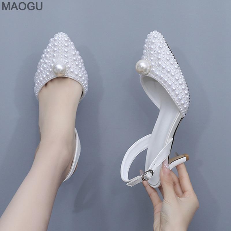 Pointed Toe Pearls Decors Ladies White Wedding Party Dress Shoes Elegant High Heels Bridal Sandals Beige Zapatos De Mujer Size35