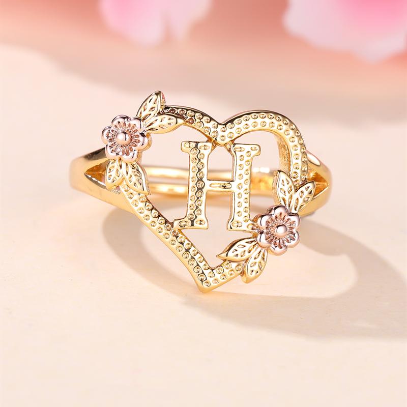 

Кольца с инициалами и цветком в форме сердца, регулируемые нежные кольца с буквами и листьями золотого цвета для женщин и девочек, ювелирные изделия с алфавитом H золотой