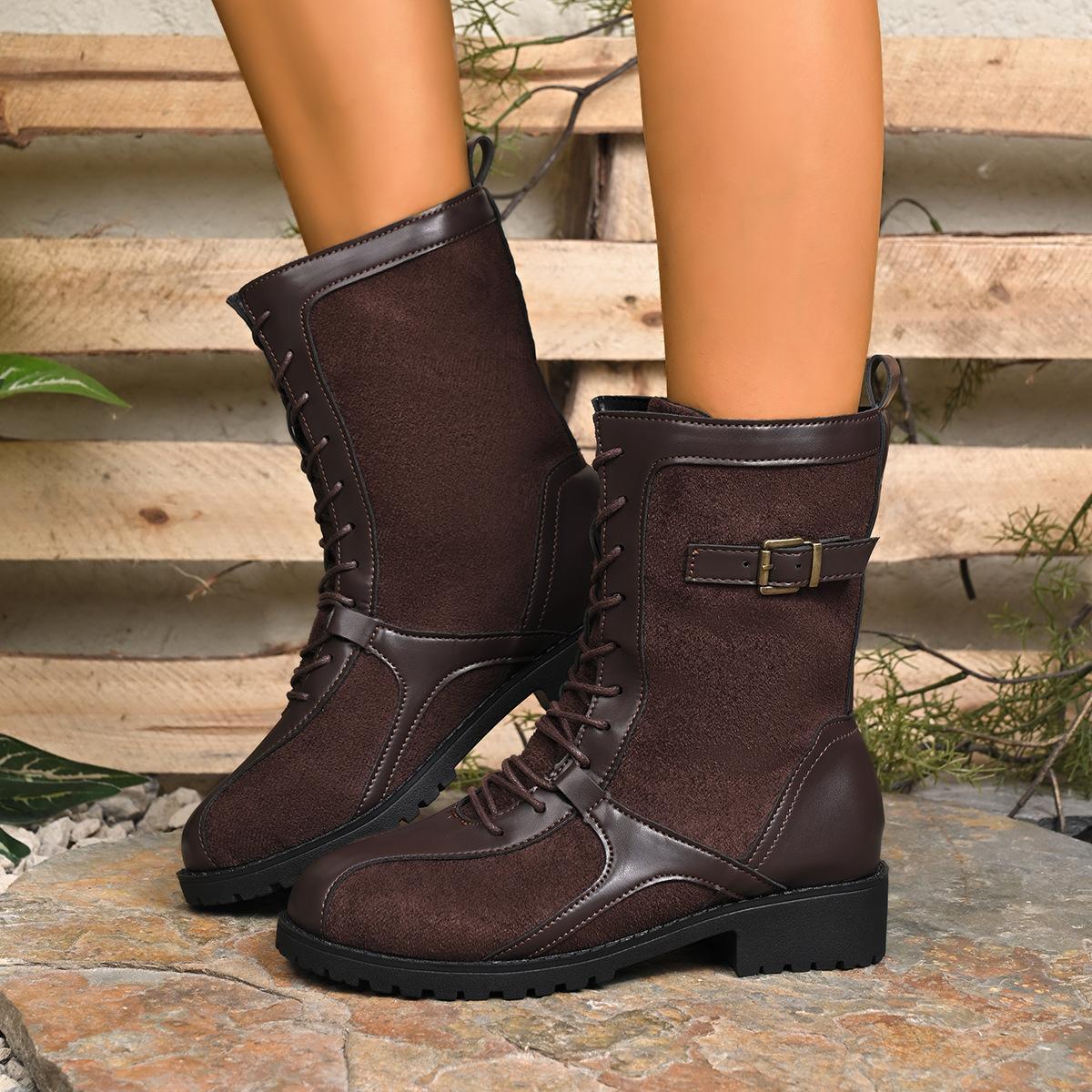 Plus Size Shoes for Women 36-43 Autumn Winter Fashion Women Lace Up Platform Mid-calf Boots Non-slip PU Comfortable Boots 43 темно-коричневого 3530₽