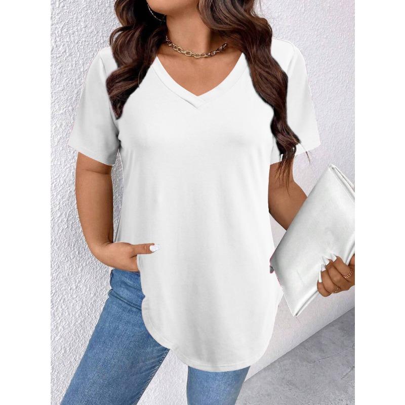 

Summer Pure Color Loose Short-sleeved V-neck Large Size Women s T-shirts S білий