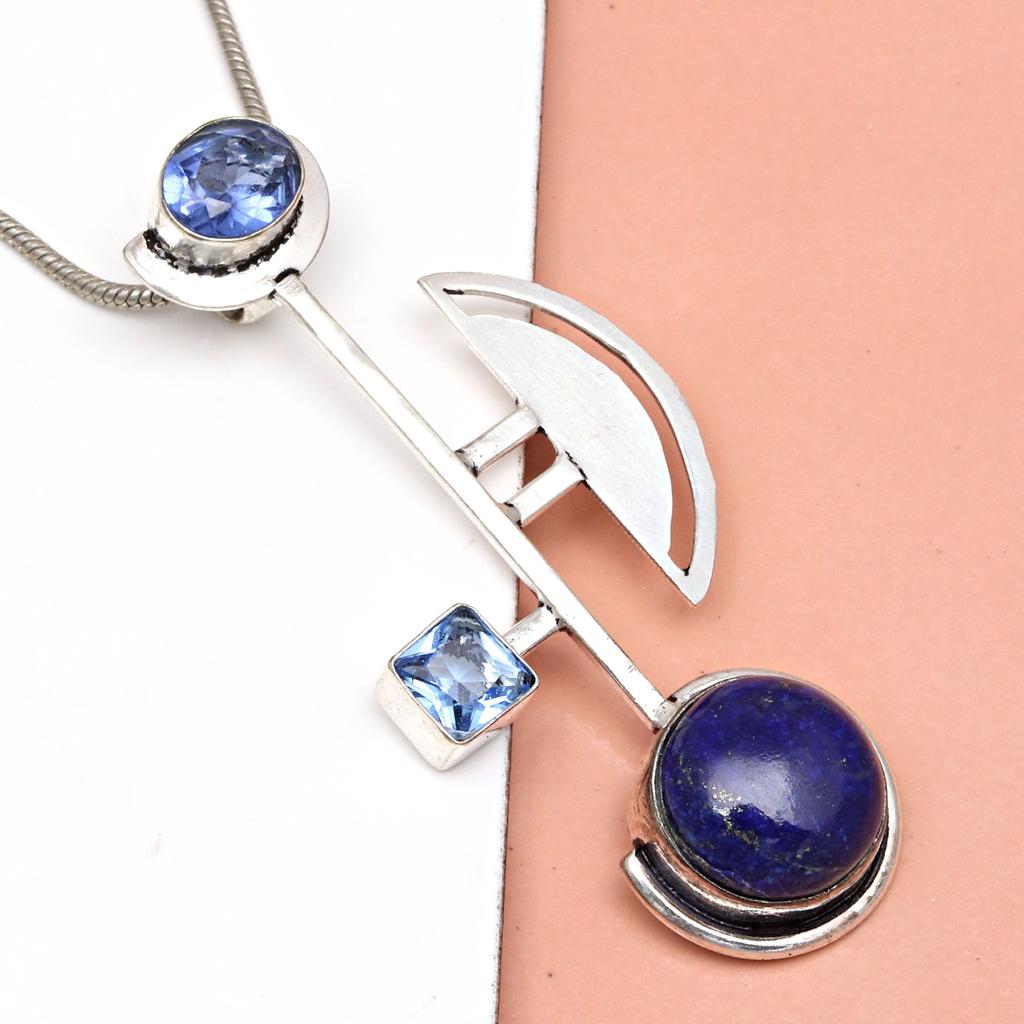 Lapis Lazuli Sky Blue Topaz  Mother's Day Silver Jewelry Pendant  2.5"