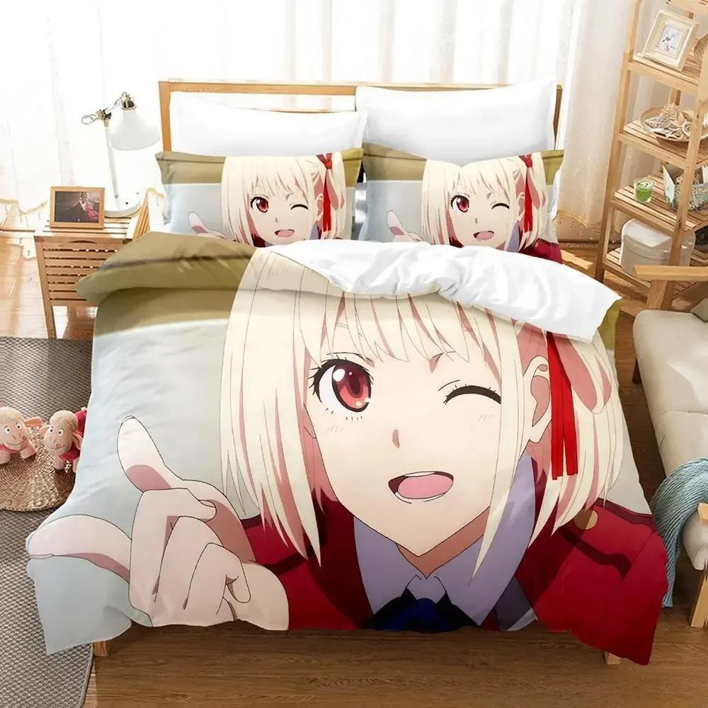 Lycoris Recoil Zestaw Pościeli Pojedynczy Bliźniak Pełny Queen King Size Zestaw na Łóżko Dorosły Dziecko Sypialnia Zestawy Poszewek na Kołdrę 3D Anime Zestaw Prześcieradeł