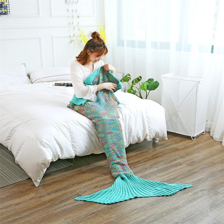 Summer Plaid Mermaid Tail Knit Blanket for Office & Nap