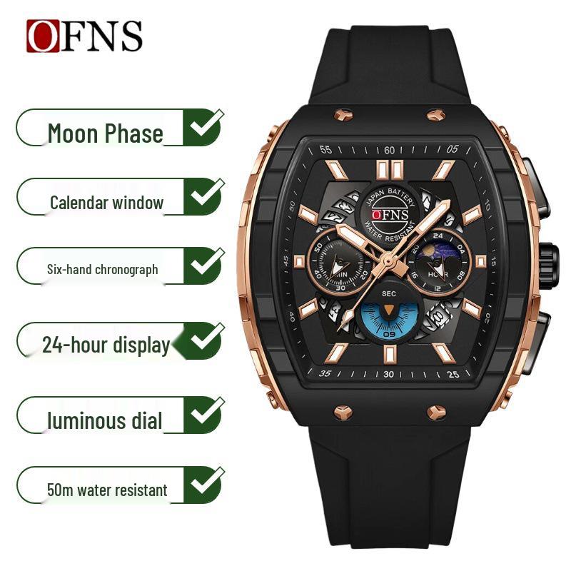 Мужские многофункциональные часы-хронограф OFNS Barrel с изогнутым стеклом, силиконовым ремешком, водозащитой 50M, кварцевые.