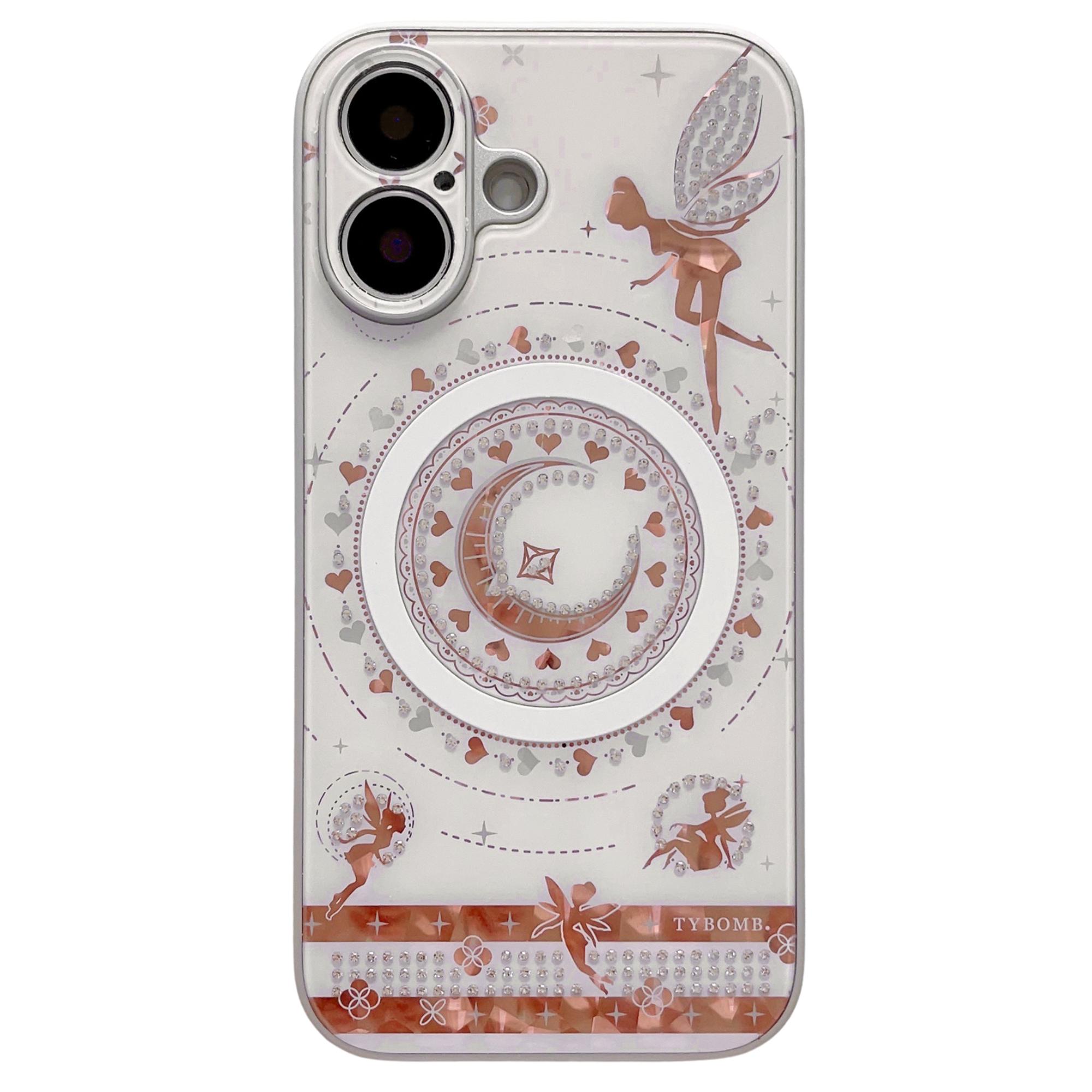 

For iPhone 16 Magnetic Case Star Moon Pattern Rhinestones Decor TPU+PC Phone Cover - Pink