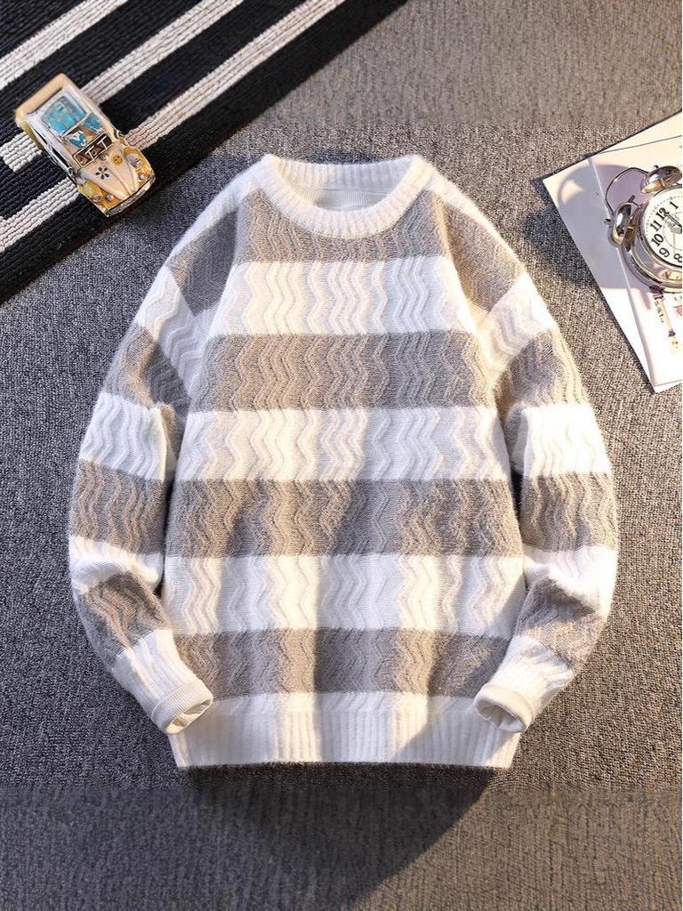 2025 Autumn/Winter Men's Korean Style Color Block Knitted Striped Pullover Sweater – Casual, Warm, Round Neck, Loose Fit.