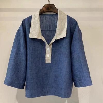 Women Patchwork Color Turn-down Collar Seven Sleeve Summer Casual Button T-Shirt