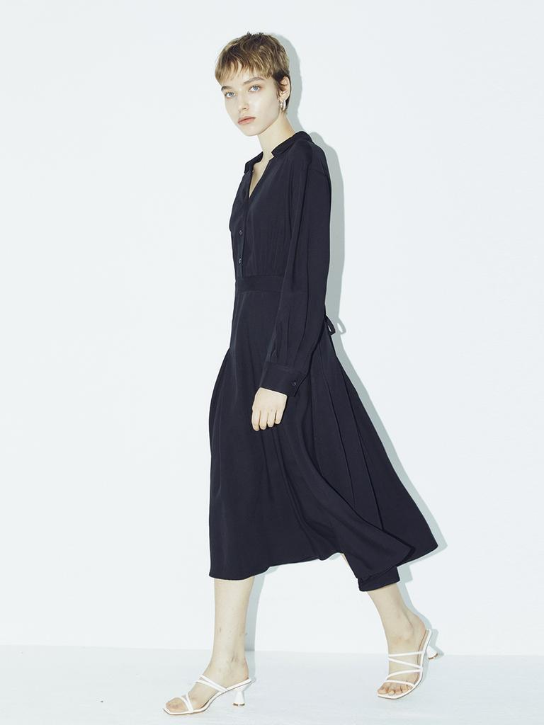 Nub V Neck Collar Button Dress - Black