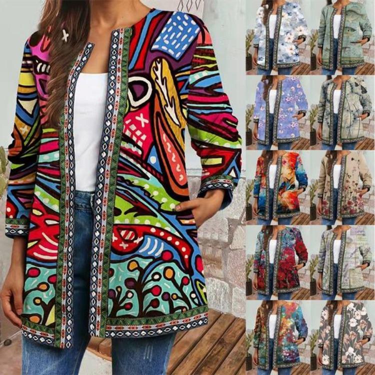 Vintage Floral Print Ethnic Style Jacket Plus Size Tribal Pattern Cardigan Ribbon Webbing Outwear Women Fashion