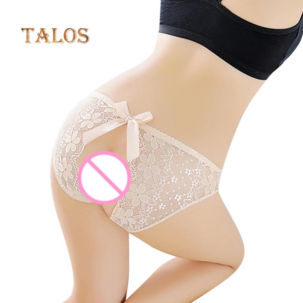 Sexy Crotchless Floral Lace See-through Panties Women Bowknot Briefs Underwear Female Clothing