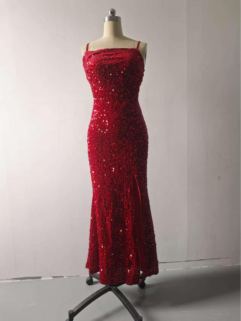 European & American Women's Sequin Slit High Waist Bridesmaid Evening Dress