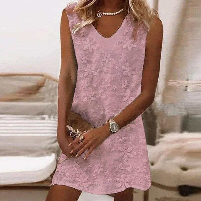 Summer 2023  Fashion Floral Embroidery Dresses Causal Loose Dress Women A-line Sleeveless Short Dress V-neck Vestidos 26295