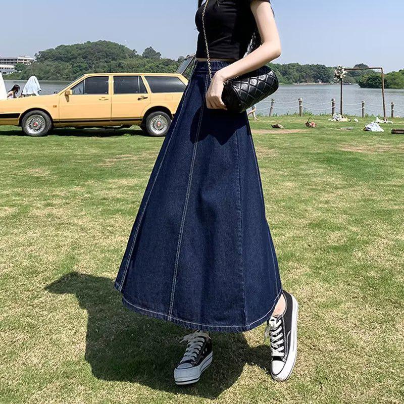 Damen Langer Jeansrock 2023: Neuer Sommer Midilänge, Plissierter Hochbund, A-Linie, Lässiger Vielseitiger Rock