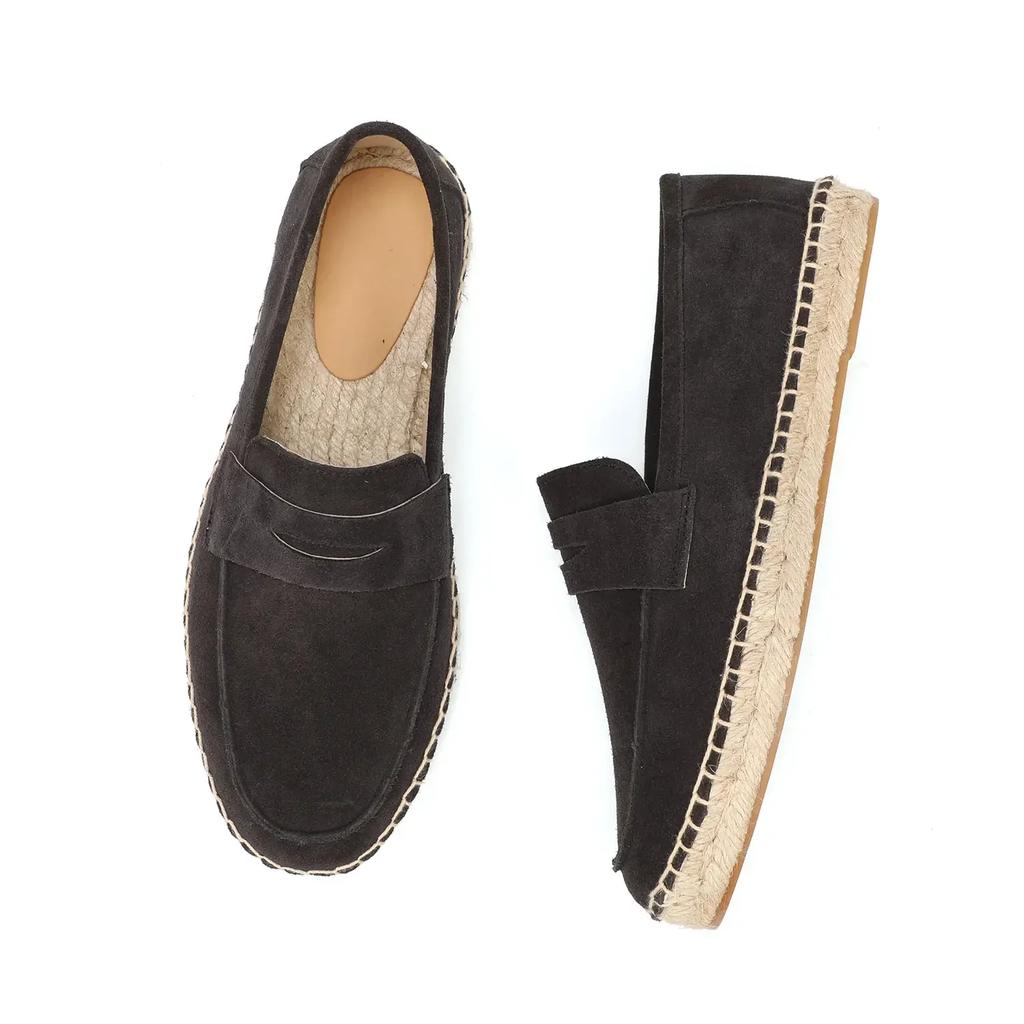 Men's Jute Espadrilles Slip Loafers Cow Suede Leather Casual Shoes