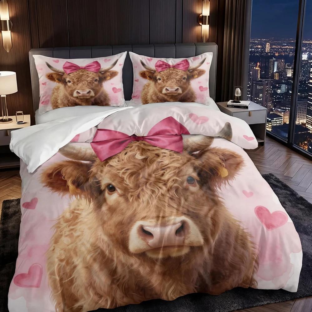 3 Piece Set Cute Highland Cow Valentine's Day Print Quilt Set,Including 1 Duvet Cover and 2 Pillowcases(excluding Padding)