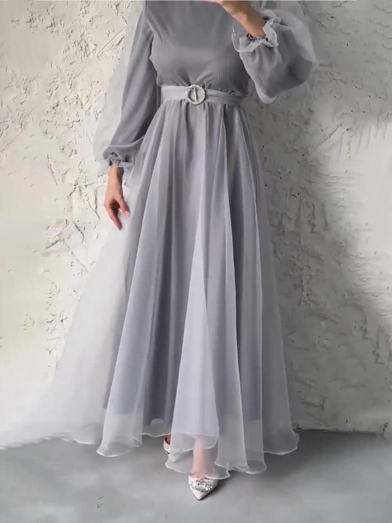 2024 Elegantes Damenkleid mit hohem Halsausschnitt, Netzstoff, schlankmachend, Laternenärmel
