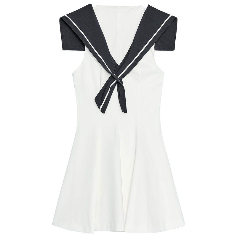 Zaprha 2025 Summer New Contrast Color Sweet Navy Style V-Shaped Neckline Sleeveless Short Dress 4661392