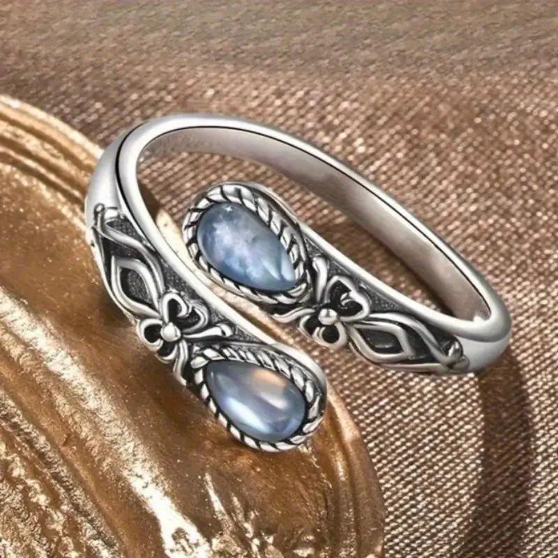 Vintage Thai silver European ring women's open water drop imitation moonstone popular national jewelry