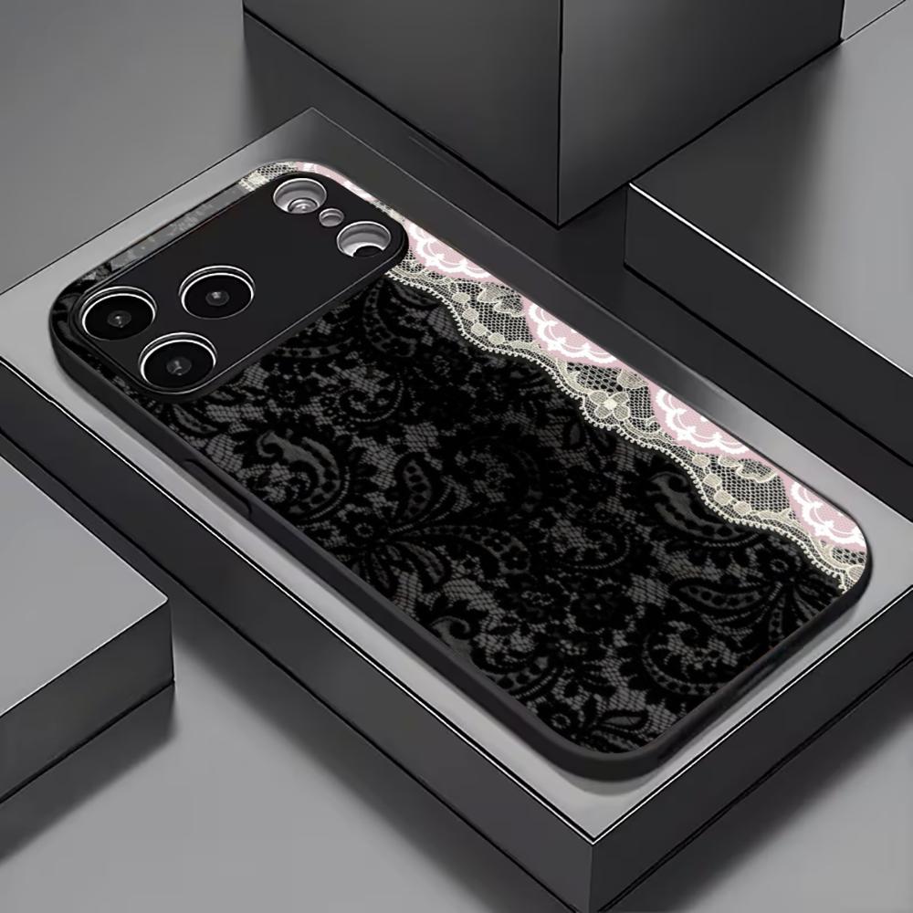 Luxury Black Floral Lace phone case mobile phones for iphone 17 pro max cover Glass for iPhone 17 16 15 14 13 12 11pm Pro Plus