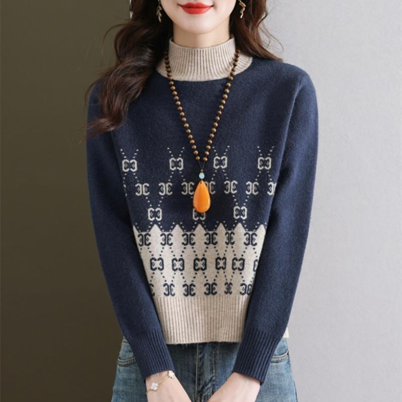 Short Sweater Women's Autumn and Winter Half Turtleneck Knitted Sweater Loose and Casual Long-sleeved Pullover