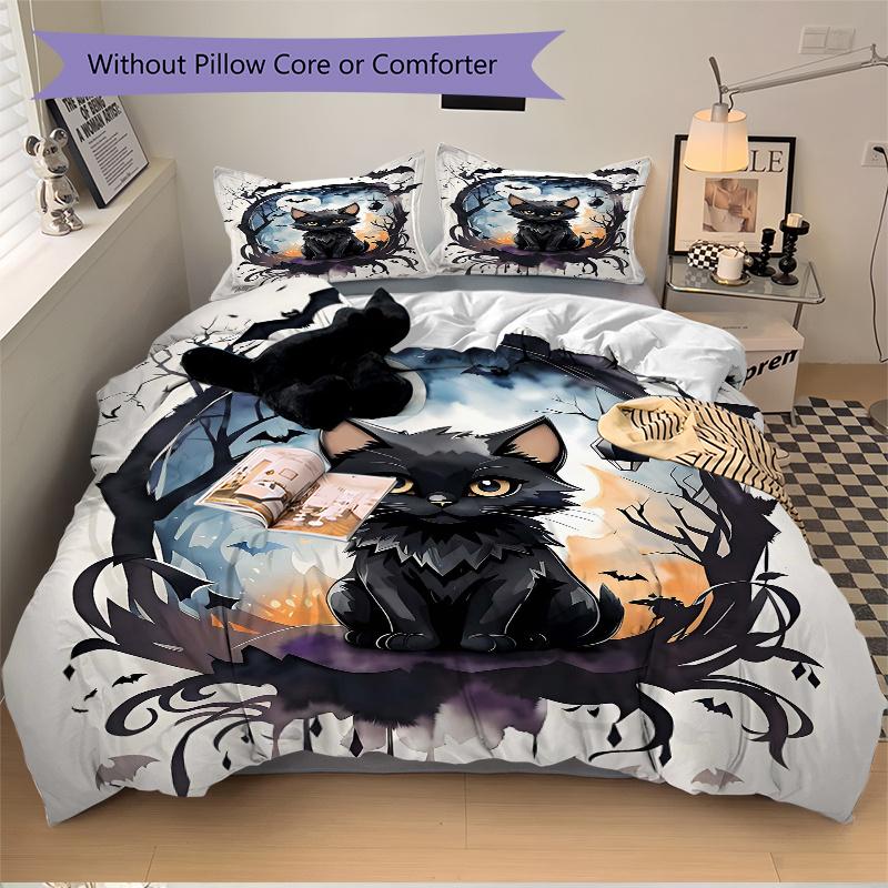 3pcs Noble Black Cat Art Printed Quilt Set - Includes 1 Quilt Cover and 2 Pillowcases, Machine Washable - Suitable for All Seasons.H071