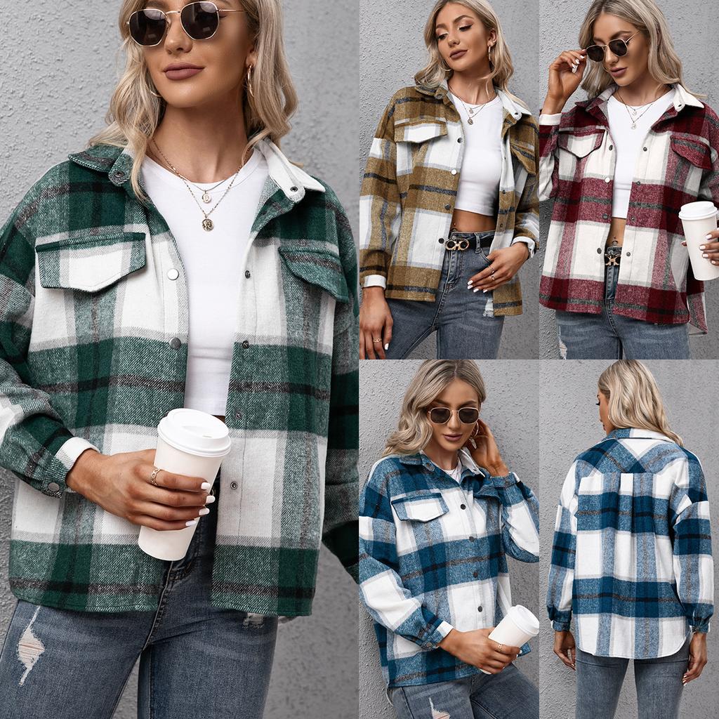 Thickened cashmere long-sleeved plaid top loose casual shirt plush plaid jacket jacket women