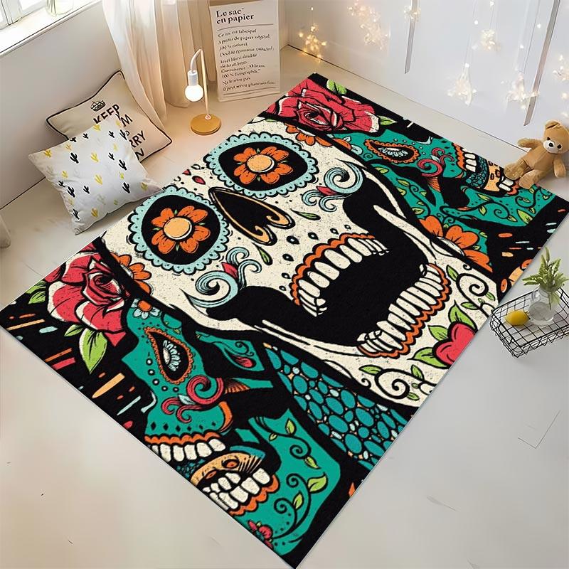 Colorful Sugar Skull Pattern Area Rug with Floral Artistic Design Suitable for use as an anti-slip for living room bedroom sofas