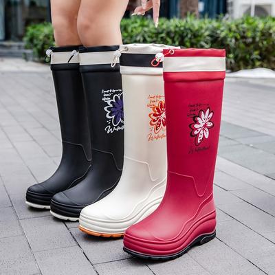 New Fashionable Women's High Tube Bundle Rain Shoes Printed Winter Cotton Warm Women's Water Boots Outdoor Kitchen Work Shoes