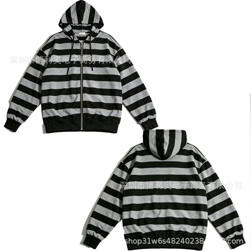 Felpa con cappuccio nera e grigia a righe con cerniera, stile Y2K Millennium, vestibilità larga, Streetwear