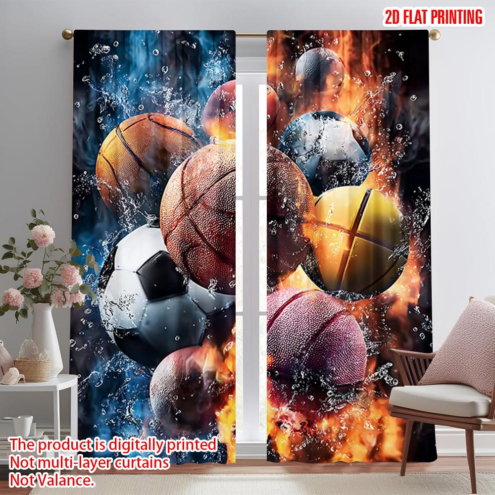2pcs,2D plane printing Creative Curtains Basketball_ Soccer & Football Design Polyester Woven (without rod) Decorations For Home