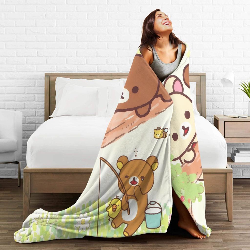 Rilakkumas and Friends Flannel Blanket Winter Super Warm Throw Blanket for Girls Boys Couch Bed Novelty Bedspread Sofa Bed Cover