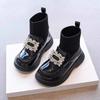 Youth Style Shoes Girls Sparkle Ankle Boots PU Leather Slip-On Shoes With Rhinestones Black Kids Fashion Footwear
