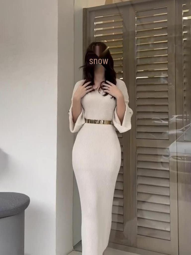 2024 Herbst/Winter Schlankes V-Ausschnitt Strickkleid - Neuer Modischer Intellektueller Stil