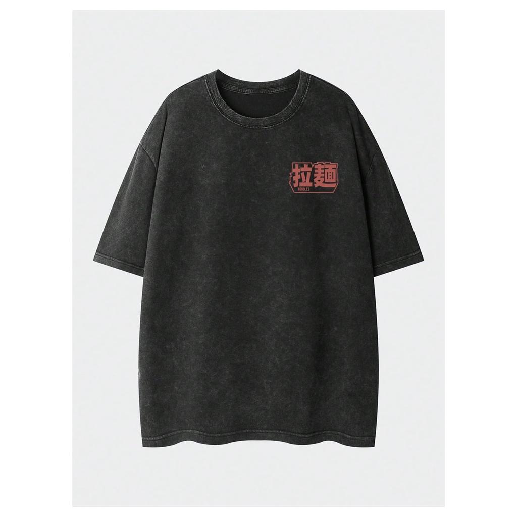Washed Double-Sided Ramen Print 100% Cotton Oversized Short Sleeve T-shirt