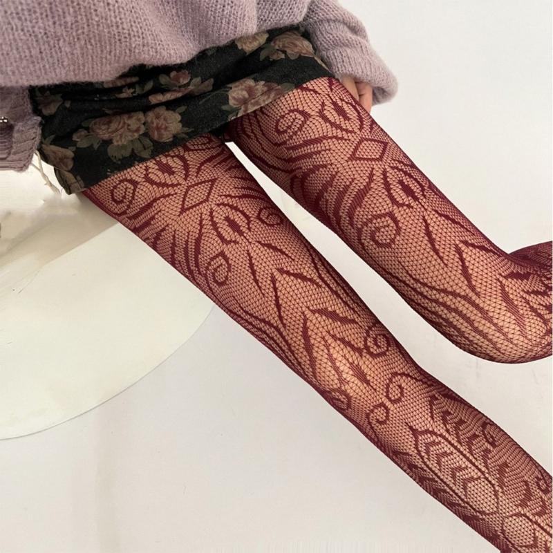 Women Vintage Hollowed Fishnet Pantyhose Stockings Japanese Aesthetic Exotic Geometric Patterned Mesh Tights Leggings