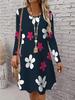 3D Retro Floral Pattern Casual Dress, Women's Autumn Long Sleeved Round Neck Casual Mini Dress